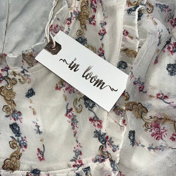 In Loom Women's MD Cream Floral Tiered Chiffon Overlay Babydoll Midi Dress NWT - Picture 6 of 9